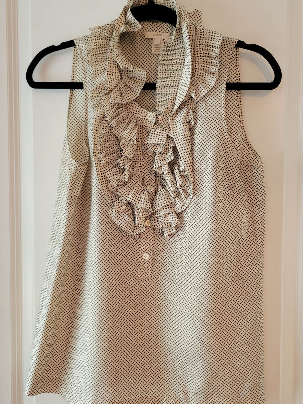 J. Crew Sleeveless Ruffle Front Silk Blouse in Cream and Black
